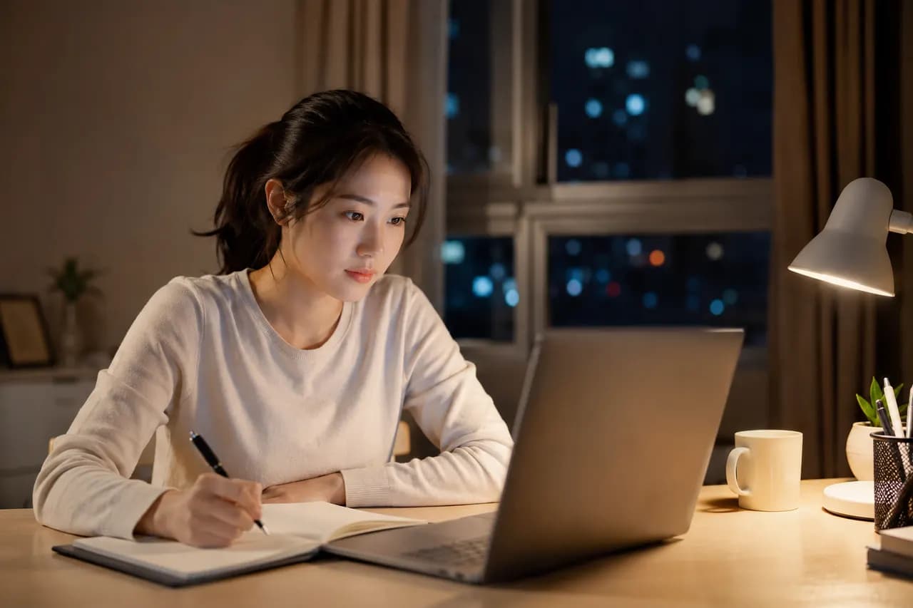 퇴근 후 학점은행제 학습을 이어가는 장면